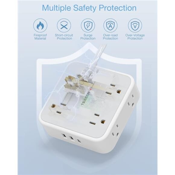 Surge Protector Flat Extension Cord Flat Plug Power Strip, 8 AC Outlets, 3 USB - Picture 5 of 7